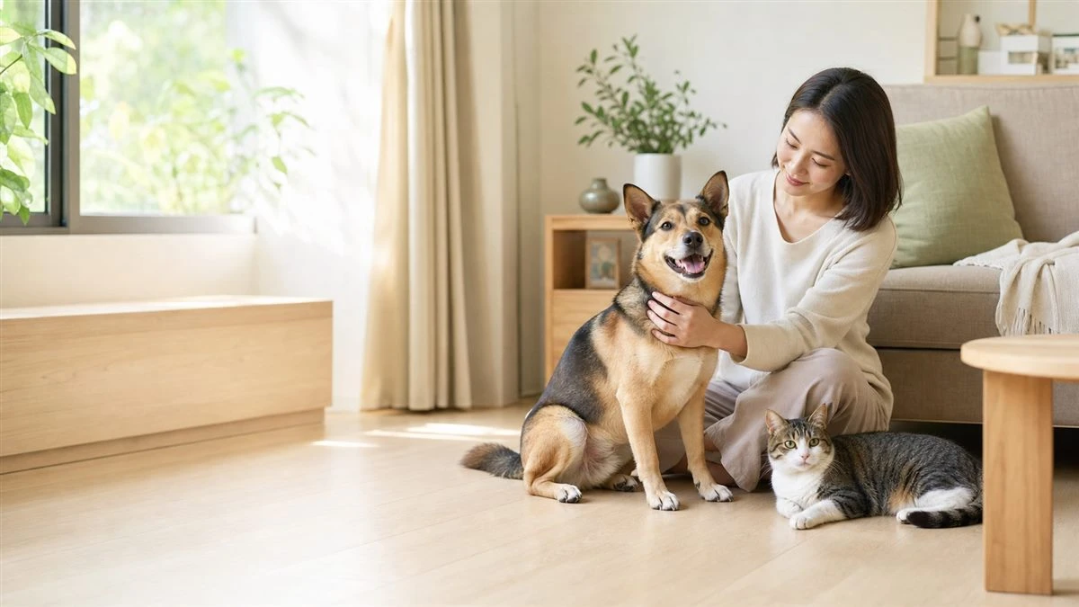 飼主陪伴狗狗與貓咪的溫暖居家畫面